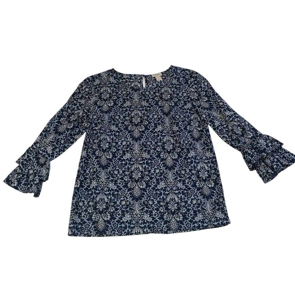 J Crew Floral Double Ruffle Bell Sleeve Blouse 00 Navy Blue Medallion Print Top